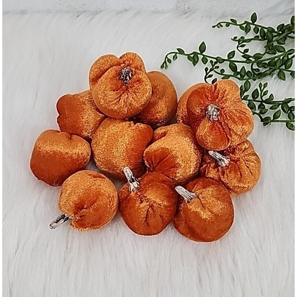 Mini Orange Velvet Stuffed Pumpkins Halloween Thanksgiving Craft Decor 12 Pc